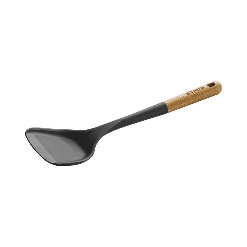 STAUB Silicone Wok Turner, Black, 12.2 Inch, Oval Shape, Wood Handle - Image 1